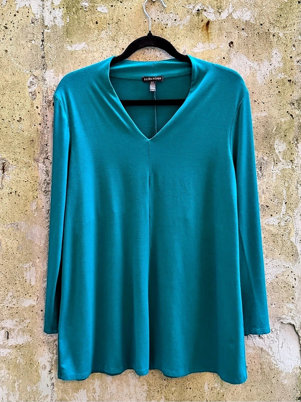 Eileen Fisher Teal Viscose Jersey V-Neck Tunic Top, Medium